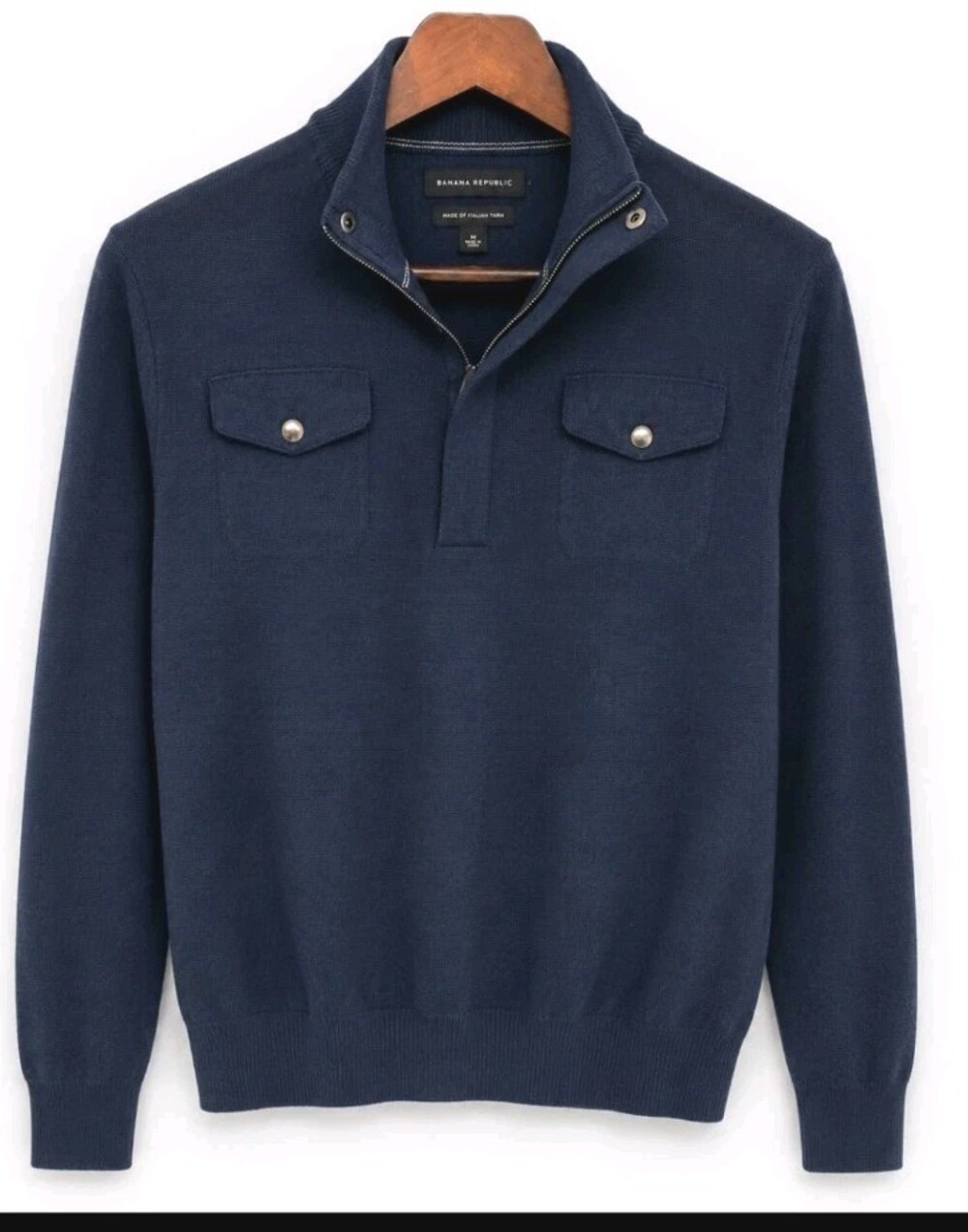 Banana Republic Mens M Cotton Military Sweater Navy Blue Snap Neck Pullover